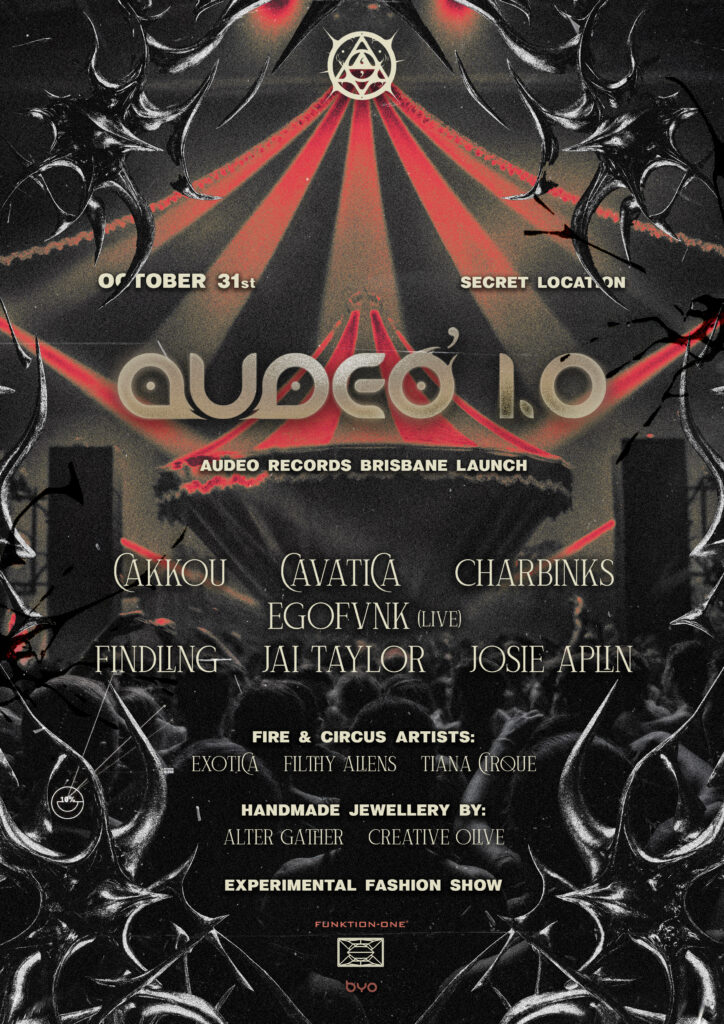 Audeo 1.0 record label launch poster with lineup, black and red