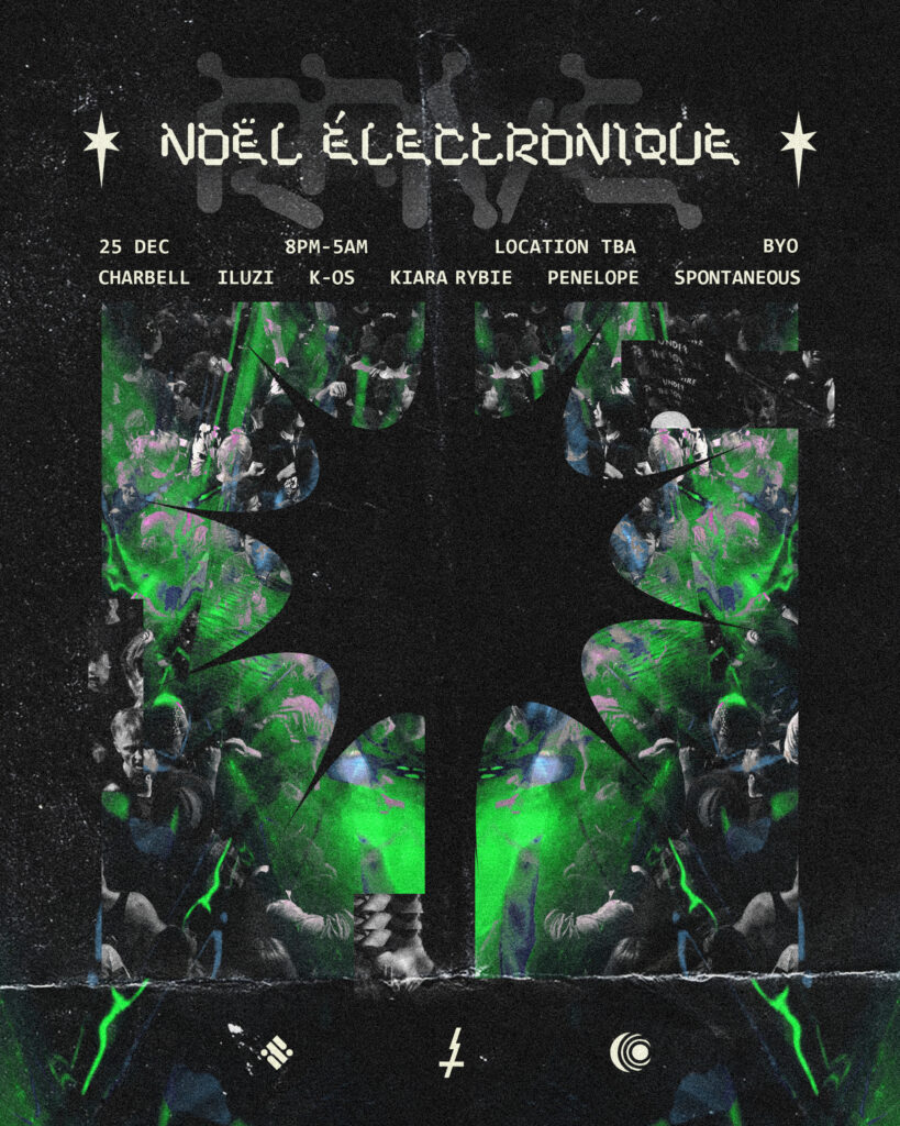 Noël Électronique event poster – green, glitched imagery