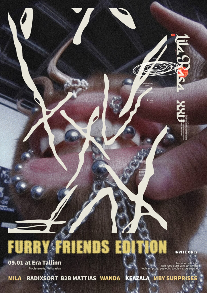 Lila Rasa XXV: Furry Friends Edition event poster – hand-drawn lettering over a close-up of hands and chains