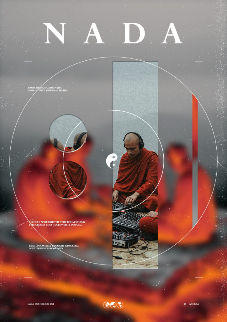 NADA event poster – a monk DJing over a molten landscape
