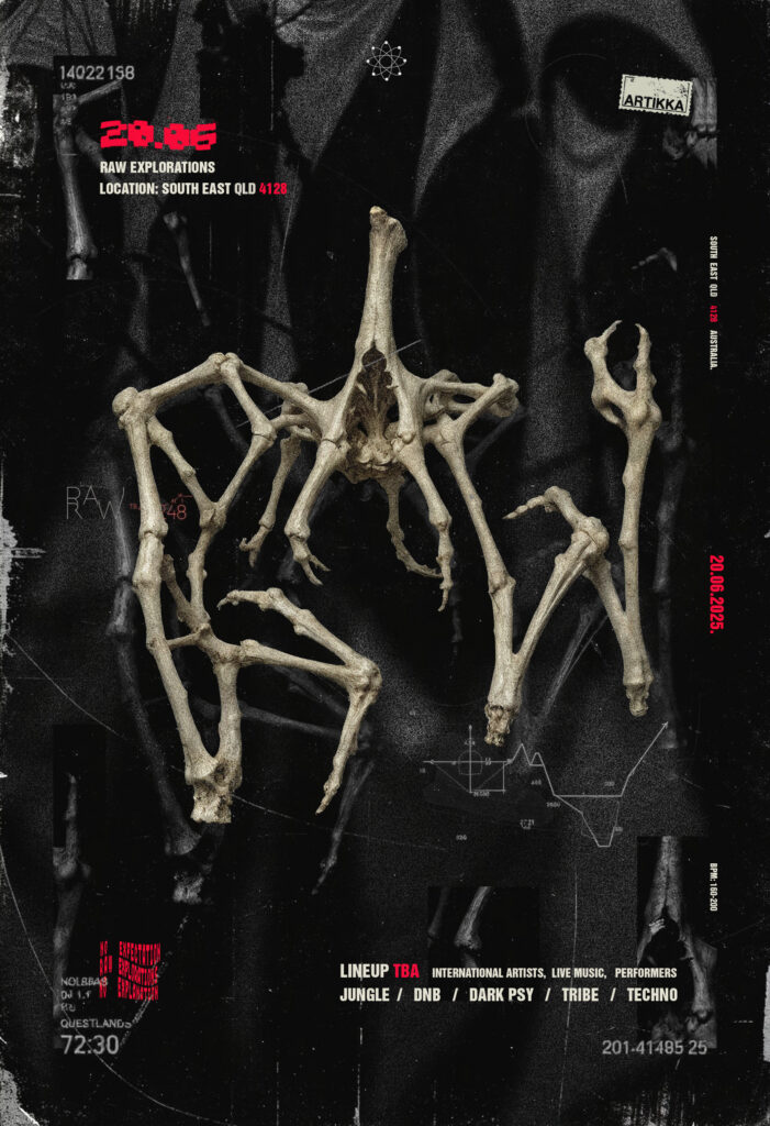 RAW event poster – bone-like lettering on black