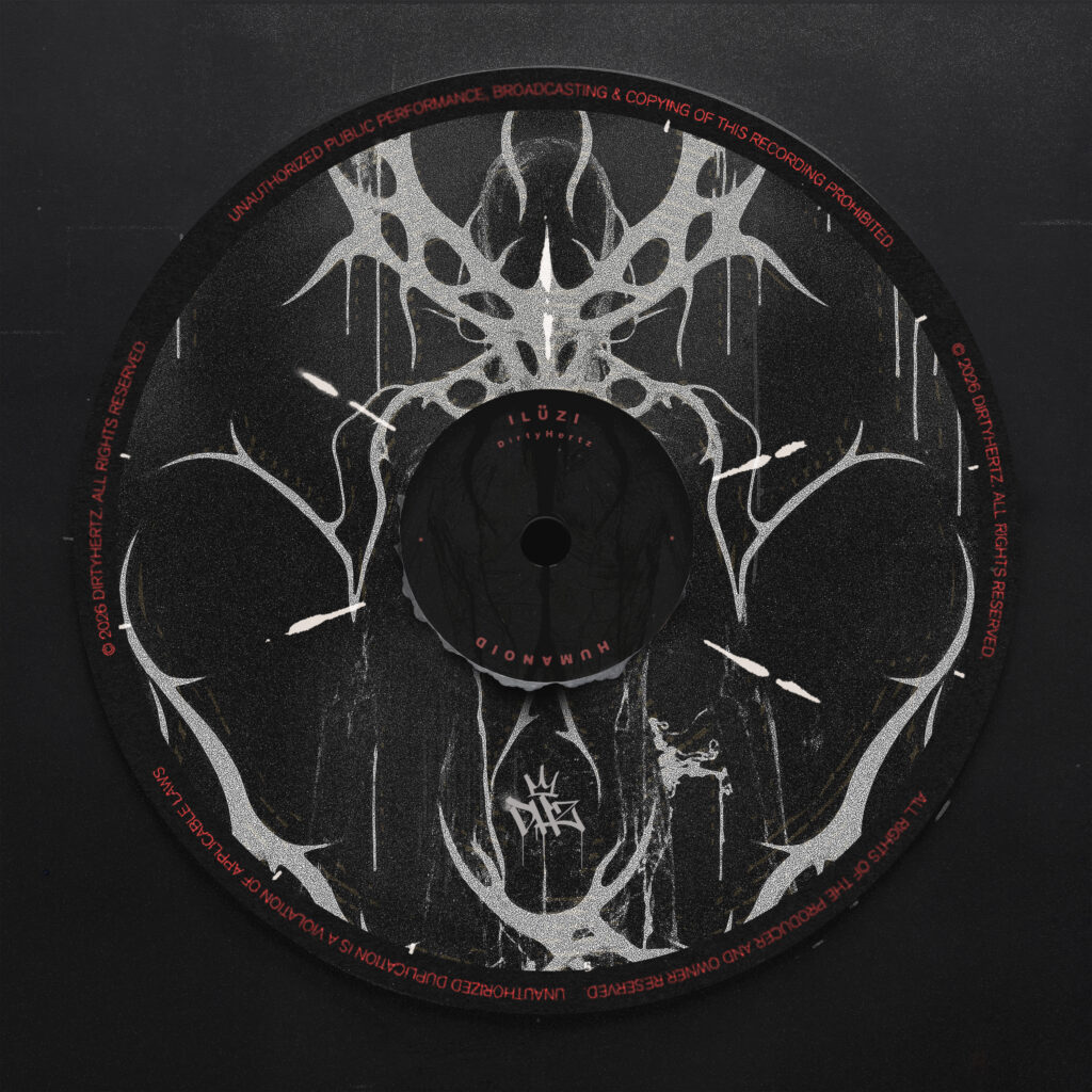 Iluzi – Humanoid vinyl artwork with a chrome spiked graphic on black