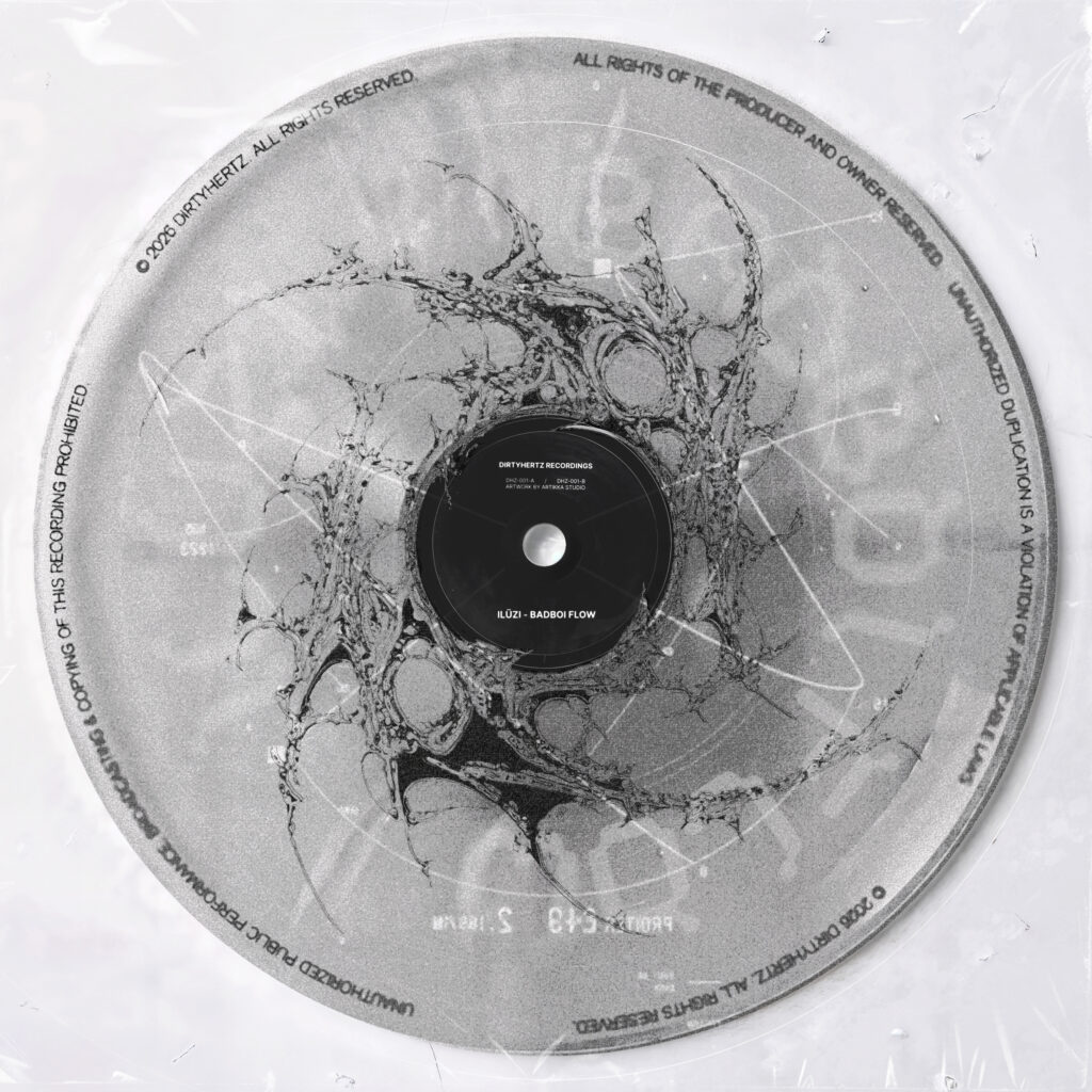 Iluzi – Bad Boi Flow single cover – monochrome disc with ink texture